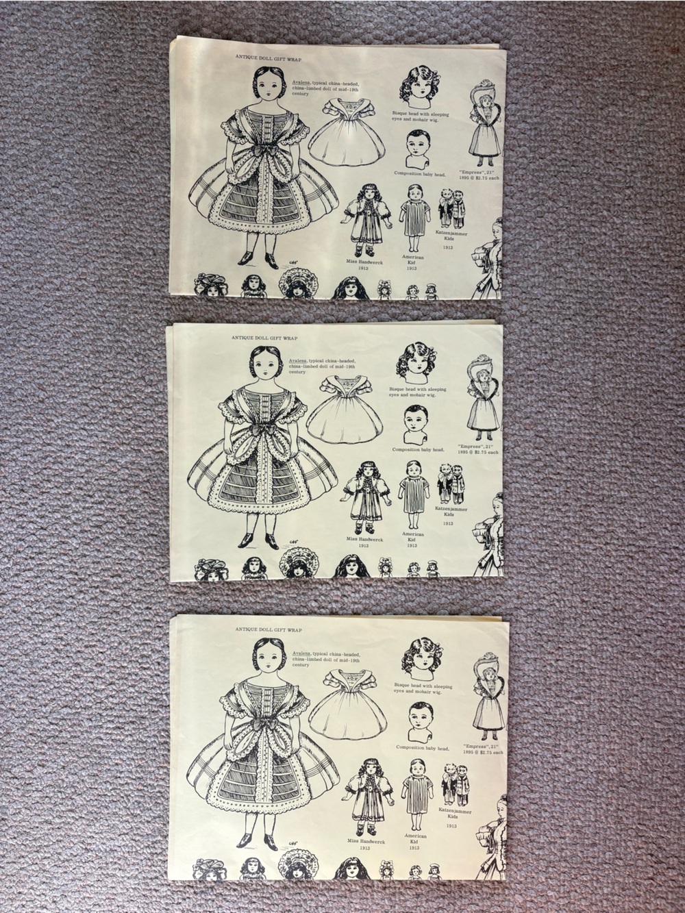 Vintage Hobby House Press Antique Doll Gift Wrap 3 Sheets 16x20 Doll Ephemera